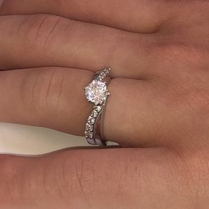 Solid 14K White Gold Natural Diamond Band & 3/4CT Faux Solitaire Ring Set